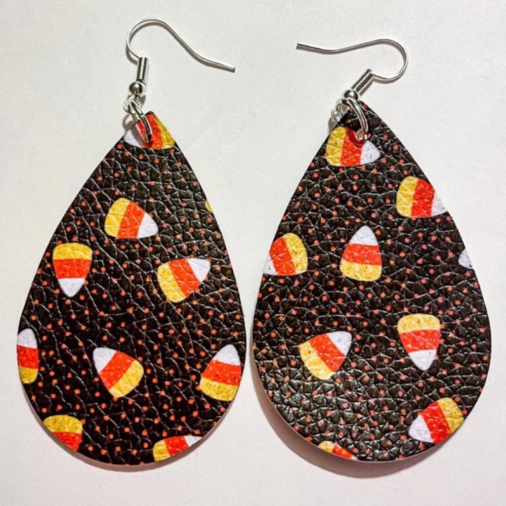 Candy Corn Faux Leather Teardrop Earrings